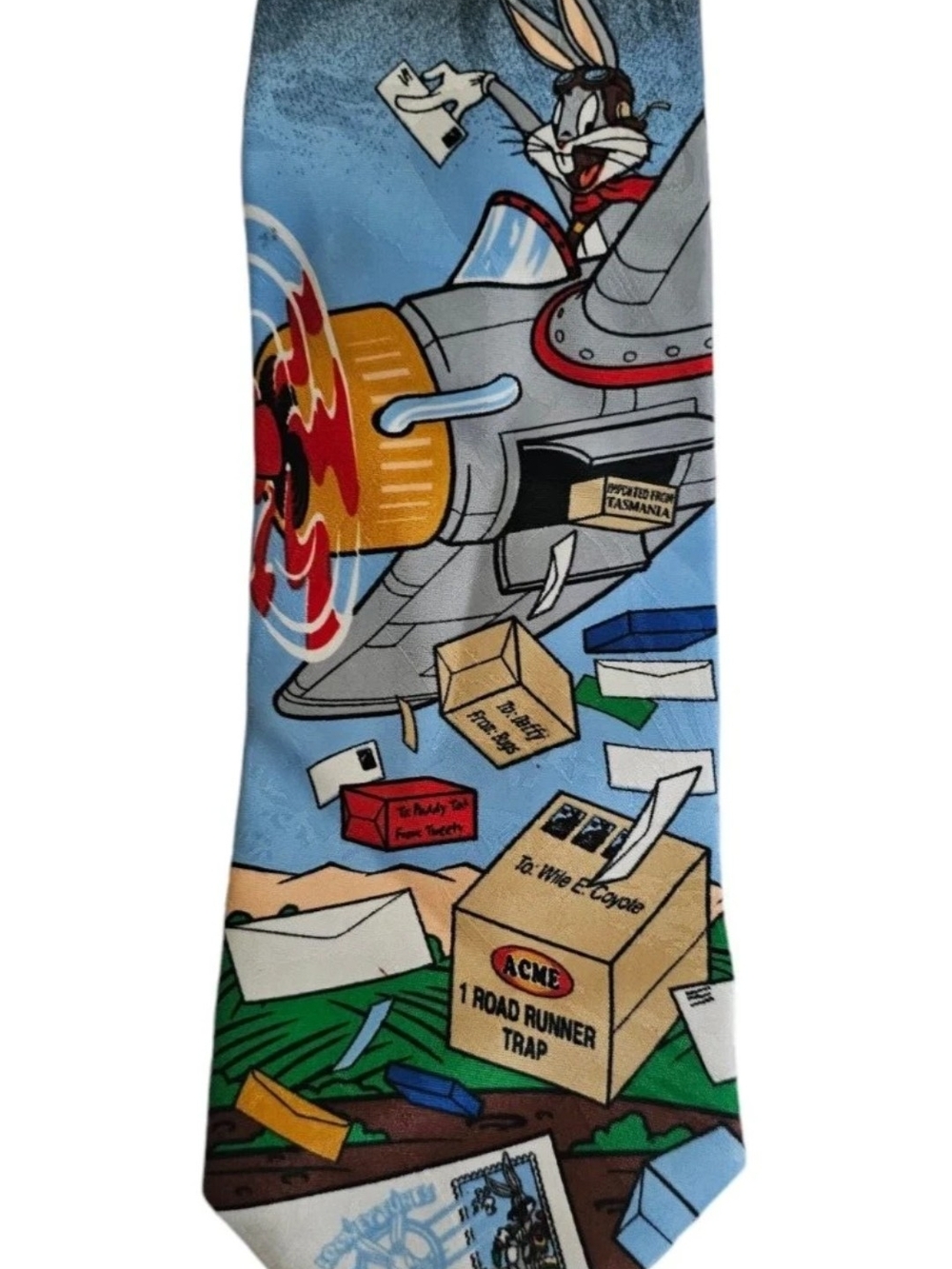 Looney Tunes Men's Tie Bugs Bunny Y2K US Postal Service Stamp Airplane Mail Blue